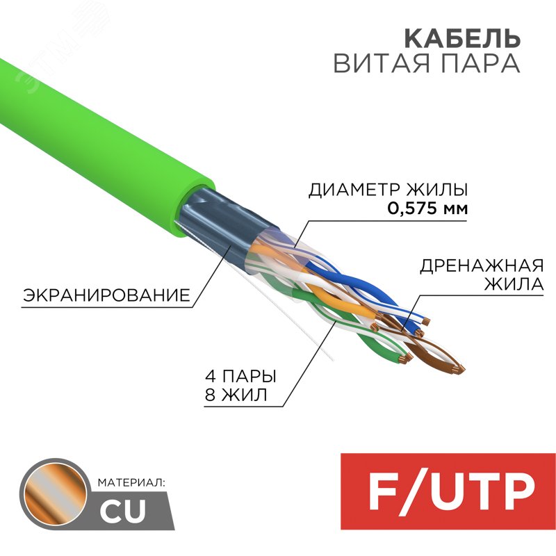 Витая пара F/UTP CAT 6 нг(А)-LSLTx 4х2х0.57мм 23AWG INDOOR SOLID зеленый 305м — фото 2