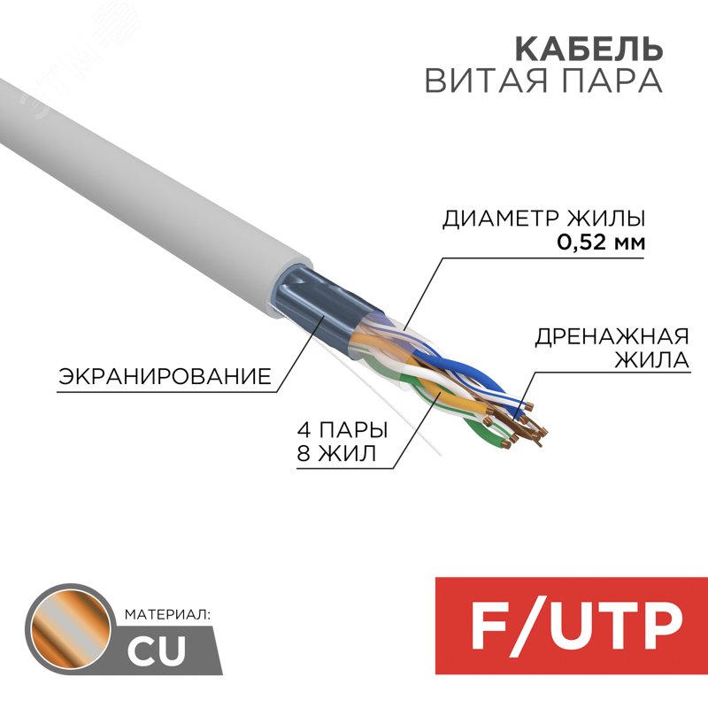 Изображение товара Витая пара F/UTP CAT 5e ZH нг(А)-HF 4х2х0.52 мм 24AWG INDOOR SOLID серый 305м PRO (м)