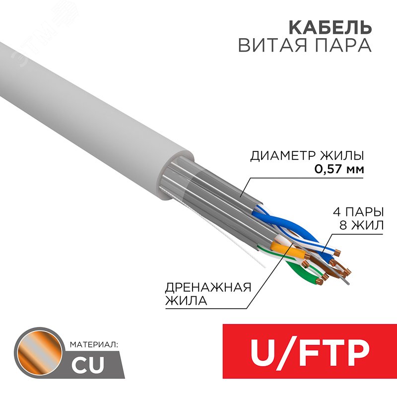 Изображение товара Кабель витая пара U/FTP CAT 6A REXANT PRO 305 м серый внутри помещений