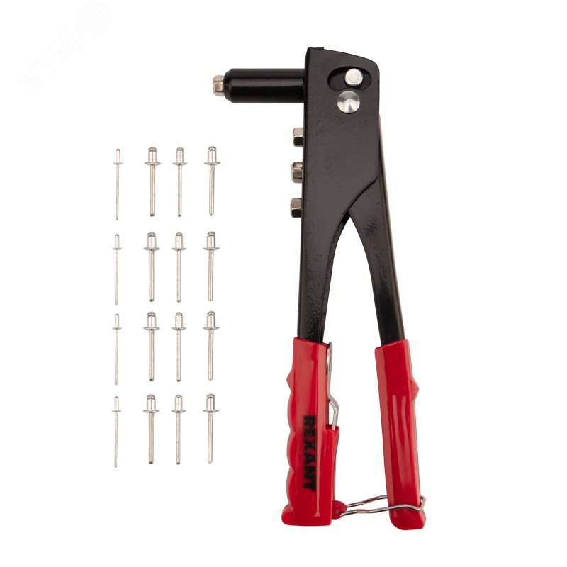 Изображение товара Заклепочник REXANT 2.4-4.8 мм 240 мм ручной комплект с насадками и алюминиевыми заклепками