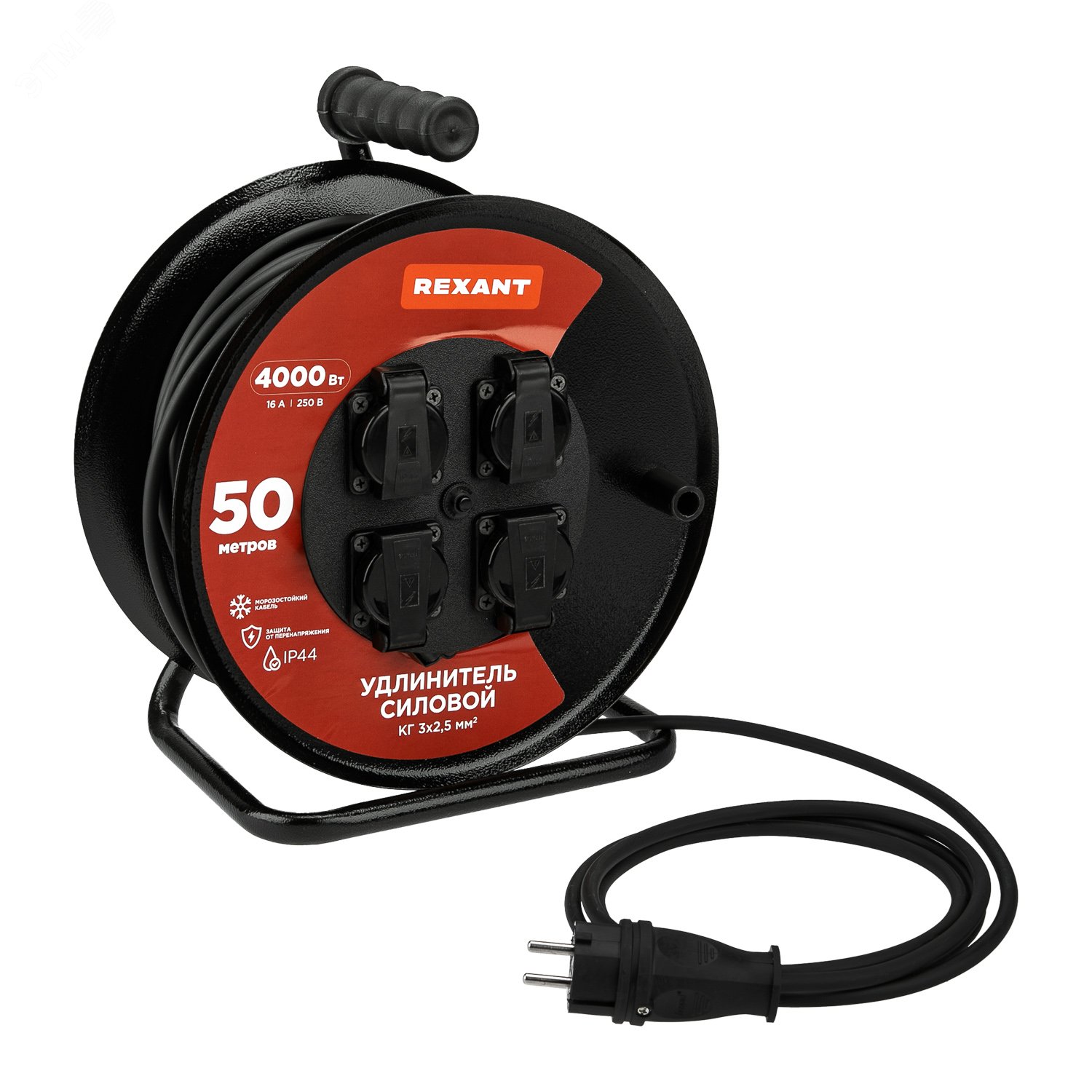 Изображение товара Удлинитель силовой КГ на катушке 4 гнезда, с/з, 50м, 3х2,5мм2, IP44 с выключателем и защитными крышками (шт) Изображение товара Удлинитель силовой КГ на катушке 4 гнезда, с/з, 50м, 3х2,5мм2, IP44 с выключателем и защитными крышками (шт)
