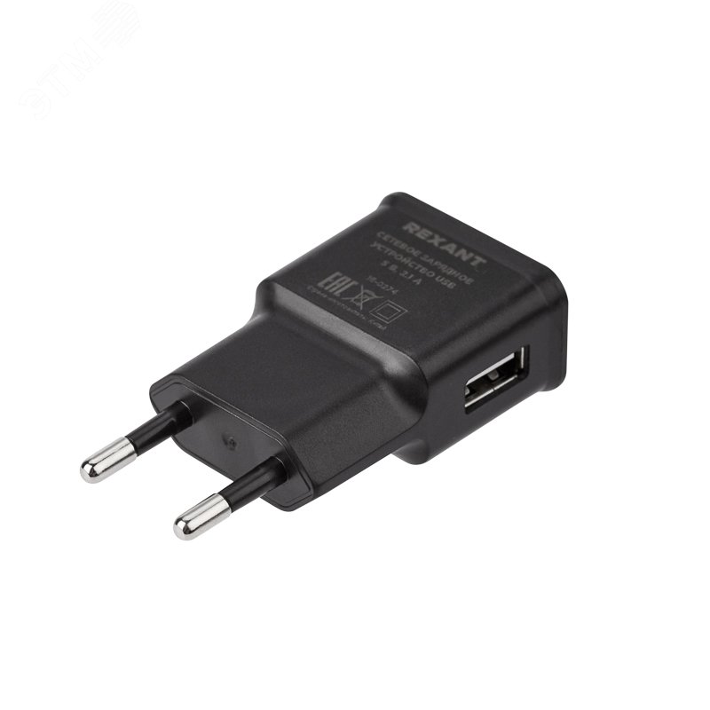 Устройство сетевое зарядное USB, 5V, 2.1 A, черное, 16-0274 REXANT - превью