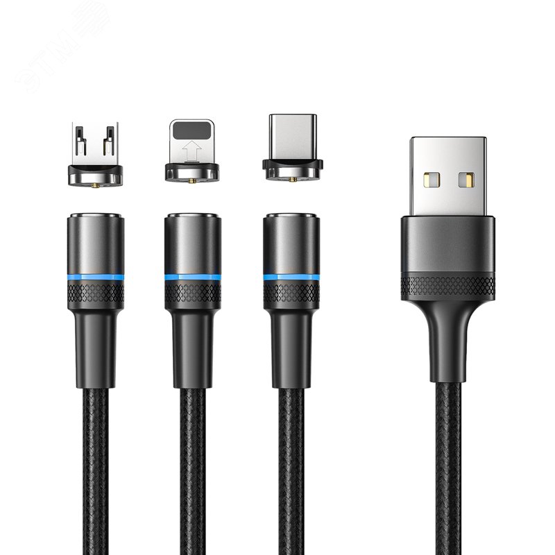 Изображение товара Кабель USB 3в1, Type-С, Lightning, Micro USB, 1.2м, черный (шт)