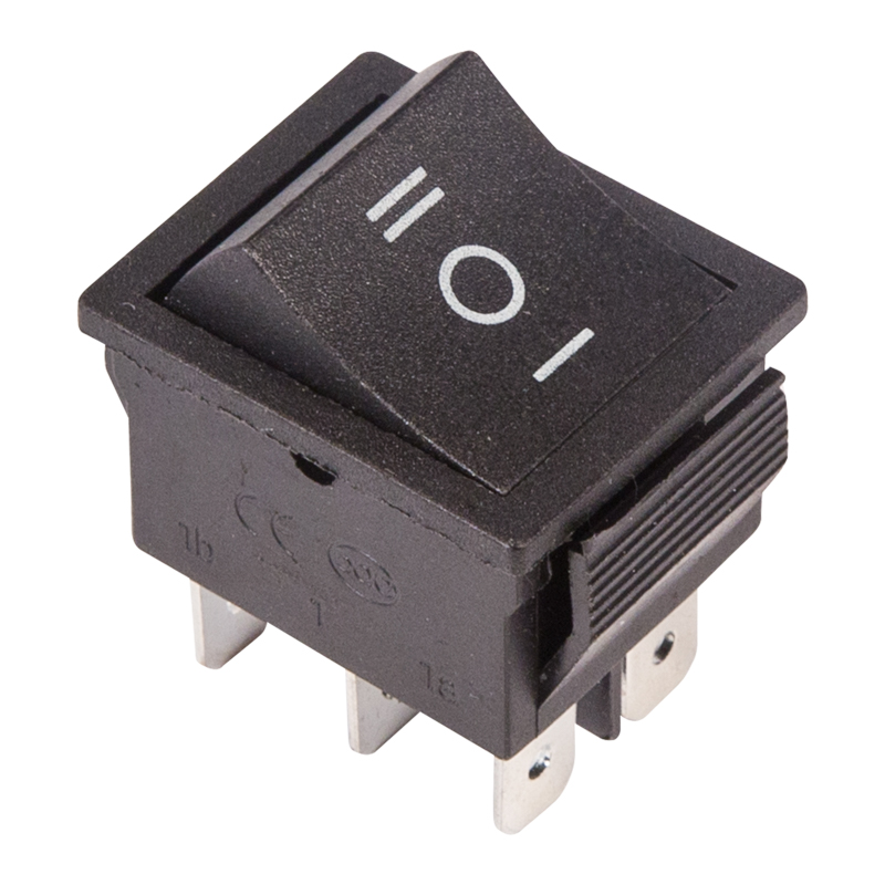 Выключатель клавишный 250В 15А (6c) вкл-выкл-вкл черный с нейтралью