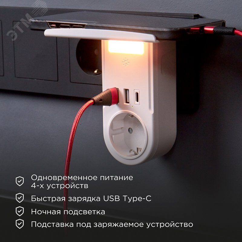 Адаптер USB многофункциональный 2хUSB-A, USB-С, розетка 220-250В 11-1270 REXANT - превью 2