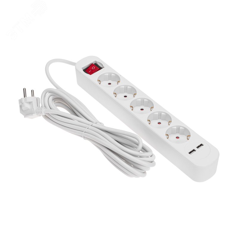 Удлинитель СТАНДАРТ 5 гнезд, 5 м, 3х1,0 мм2, с/з, с выключателем, 2 USB, белый — фото 2