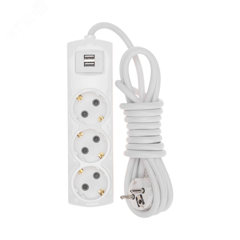 Удлинитель ПРЕМИУМ 3 гнезда, 3 м, 3х1,5 мм2, с/з, 2 USB, белый — фото 2