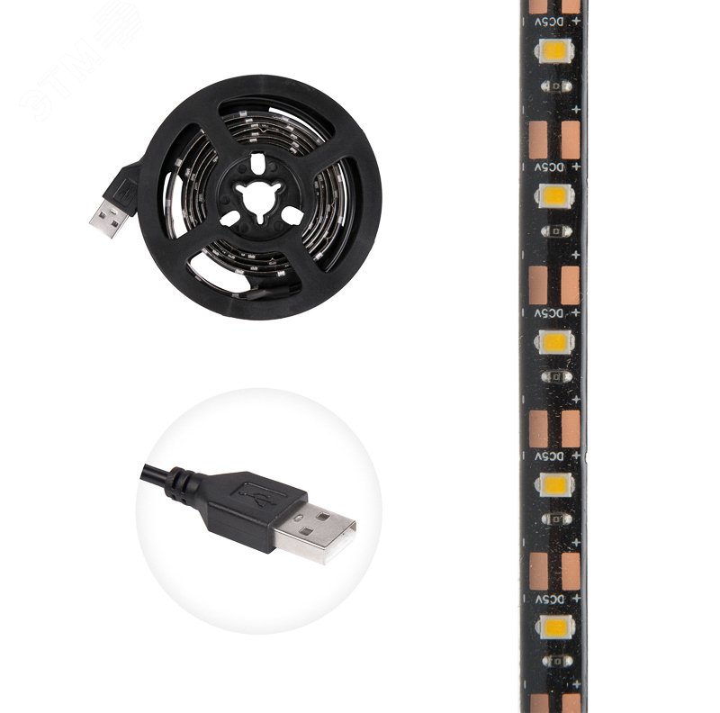 Лента светодиодная с USB коннектором, 5В, 8мм, 4,8Вт/м, 60 LED/м, SMD 2835, IP65, синий, 1м LAMPER 141-383 REXANT - превью