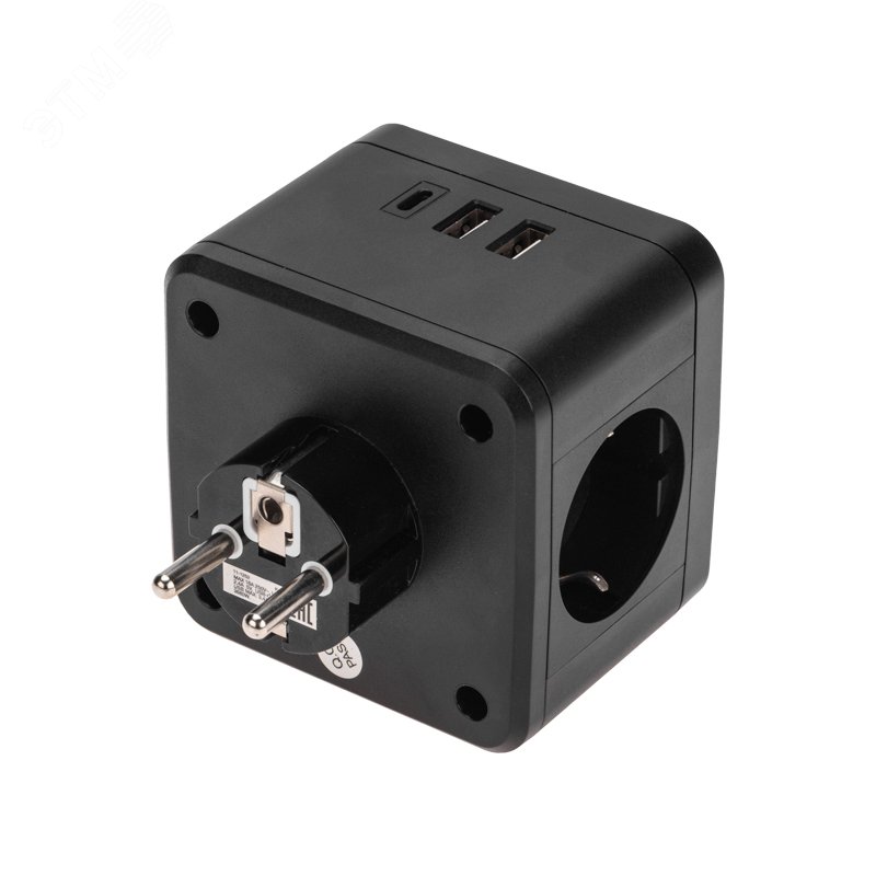 Разветвитель двойник электрический Куб 16А с/з + 2хUSB-A 2,4А + USB-C 3А с ночной подсветкой, черный — фото 3