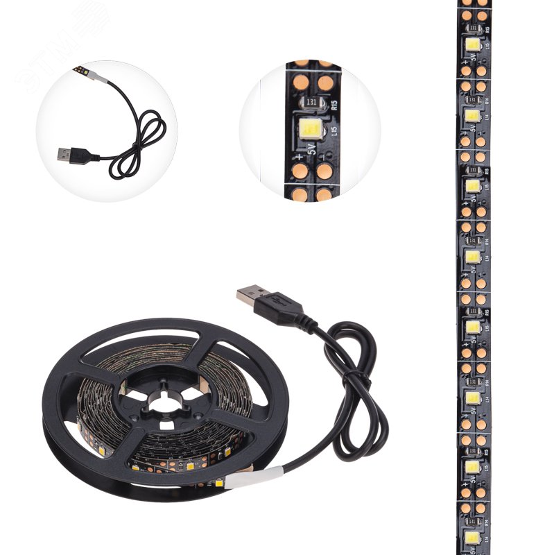 Лента LED с USB-коннектором 5 В IP23 SMD 2835 60 LED/м 3 м теплый белый (2700 K) LAMPER 141-2004 REXANT - превью