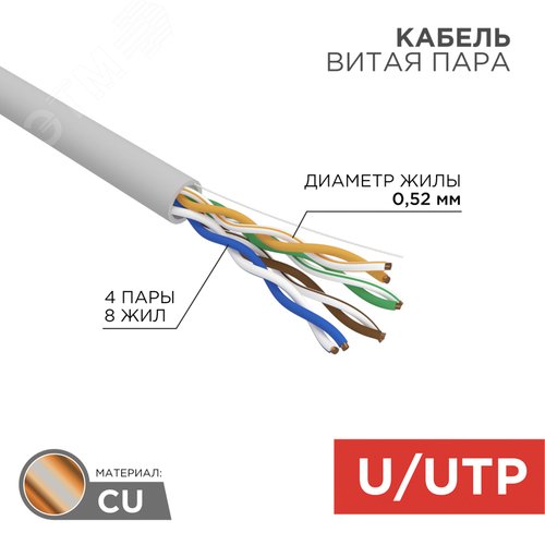 Изображение товара Витая пара U/UTP CAT 5e PVC 4х2х0.52 мм 24AWG INDOOR SOLID серый 305м PRO (м)