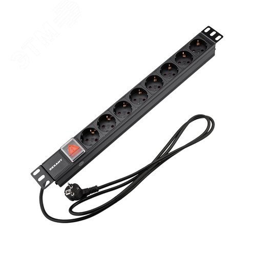 Изображение товара Блок розеток PDU горизонтальный 1U 8 розеток СЕЕ 7/4 Schuko 16A с выключателем шнур 2м вилка СЕЕ 7/7 Schuko черный (шт)