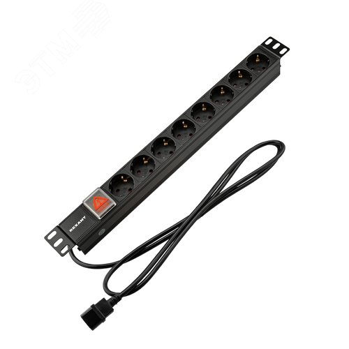 Изображение товара Блок розеток PDU горизонтальный 1U 8 розеток СЕЕ 7/4 Schuko 10A с выключателем шнур 2м вилка C14 черный (шт)