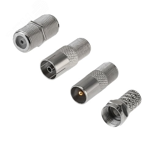 Изображение товара Набор антенный №10 (кабель RG-6U 5м, штекер F (4шт), бочка, переходник гн F – шт TV (2шт), переходник гн F – гн TV) (упак)