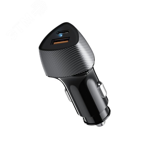 Изображение товара Устройство автомобильное зарядное с двумя портами (USB-A QC 3.0 + USB-C PD) со световой индикацией, 51Вт, черное (шт)