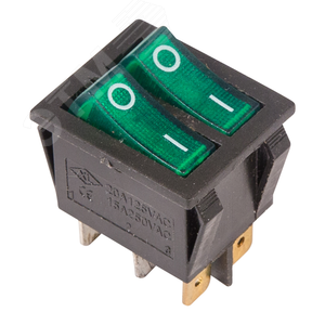Выключатель клавишный 250V 15А (6с) ON-OFF зеленый с подсветкой ДВОЙНОЙ, REXANT