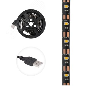 Лента светодиодная с USB коннектором 5В, SMD 2835, 4,8Вт/м, 60 LED/м, IP65, 3000K, 8мм, 1м LAMPER