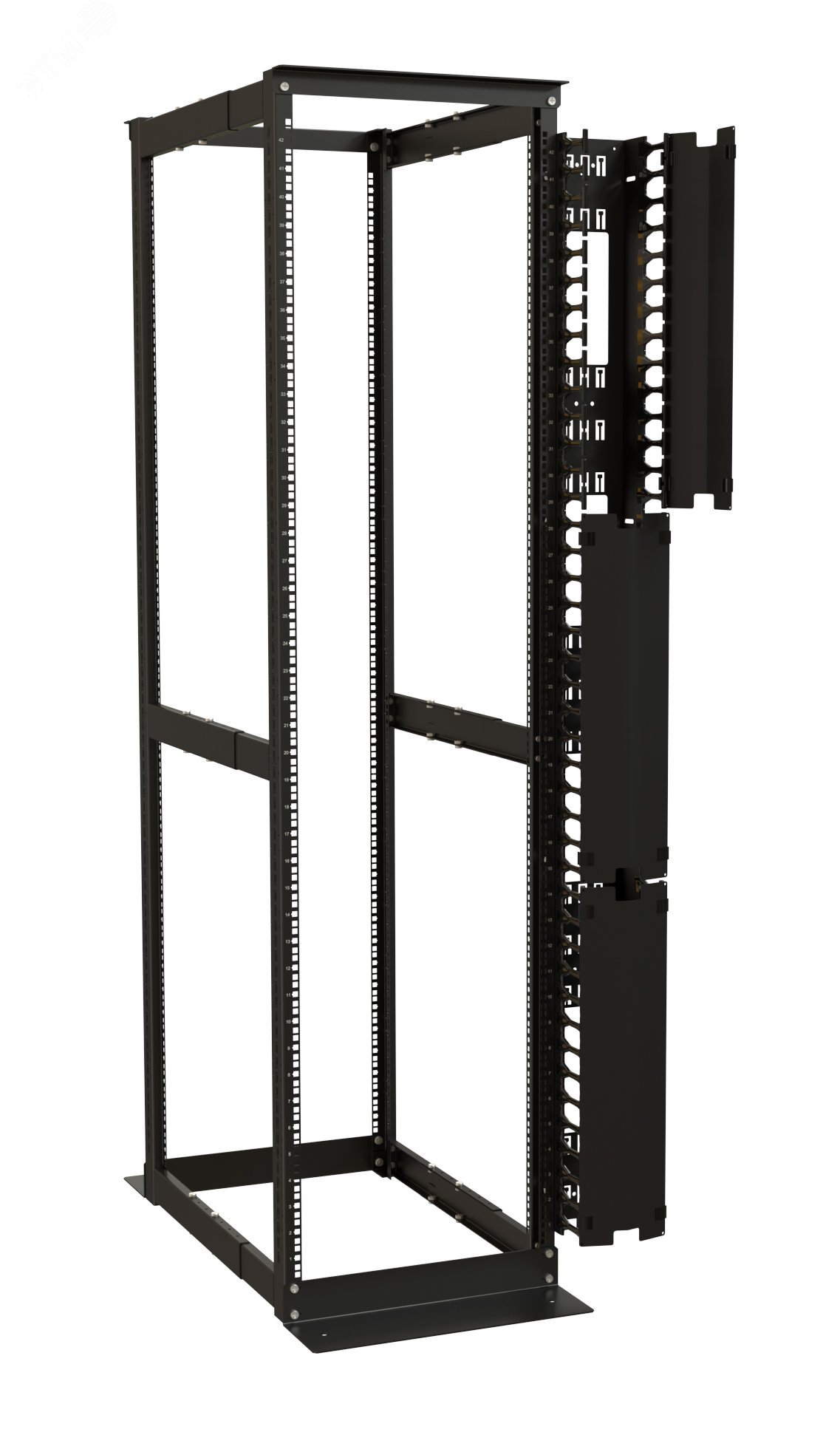 Организатор кабельный вертикальный. 32U для стоек ORK2A. ORL1. ширина 150мм. объединение в ряды. высота пальцев 106мм с крышками. черный CMF-OR-32U-150x106-C-RAL9005 Hyperline - превью 3