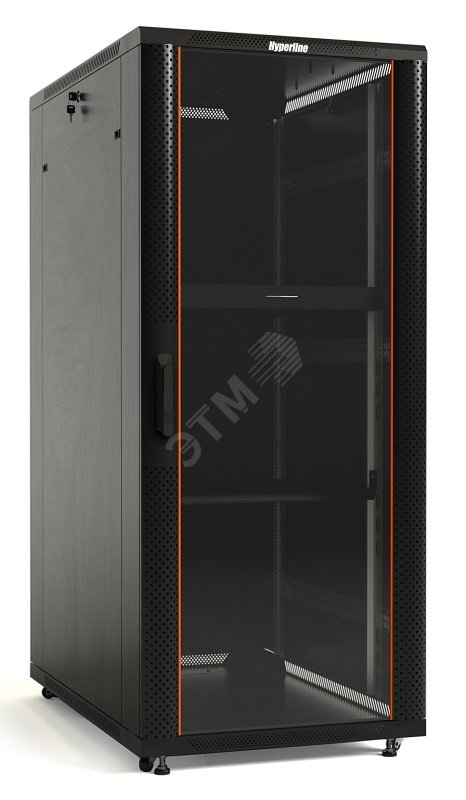 Шкаф напольный 19-дюймовый 18U 988x600х800 мм (ВхШхГ) передняя и задняя распашные перфорированные двери (75%) ручка с замком крыша нового типа цвет черный (RAL 9004) (разобранный) TTB-1868-DD-RAL9004 Hyperline