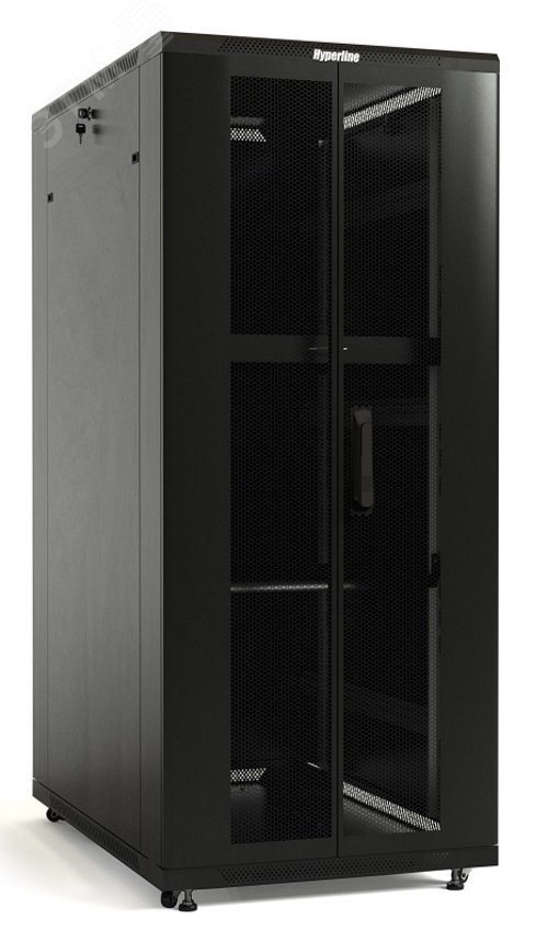 Шкаф напольный 19-дюймовый 27U 1388x600х1000 мм (ВхШхГ) передняя и задняя распашные перфорированные двери (75%) ручка с замком крыша нового типа цвет черный (RAL 9004) (разобранный) TTB-2761-DD-RAL9004 Hyperline