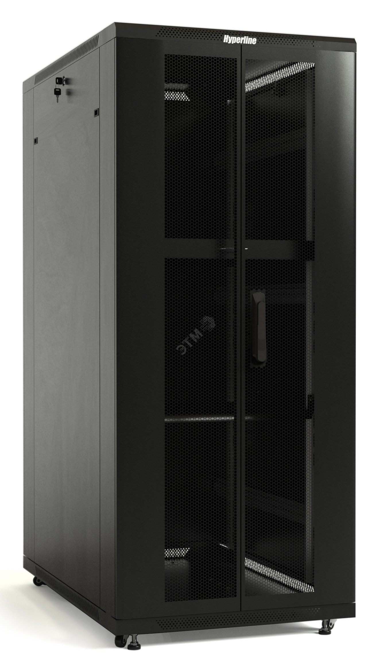 Шкаф напольный 19-дюймовый 47U 2277x800х800мм передняя и задняя распашные перфорированные двери (75%) ручка с замком крыша нового типа черный (RAL 9004) (разобранный) TTB-4788-DD-RAL9004 Hyperline