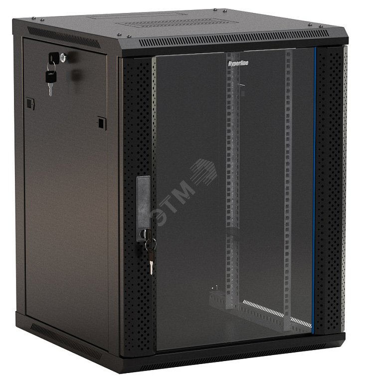 Шкаф настенный 19-дюймовый 4U 278x600х450мм стеклянная дверь с перфорацией по бокам ручка с замком черный (RAL 9004) (разобранный) TWB-0445-GP-RAL9004 Hyperline