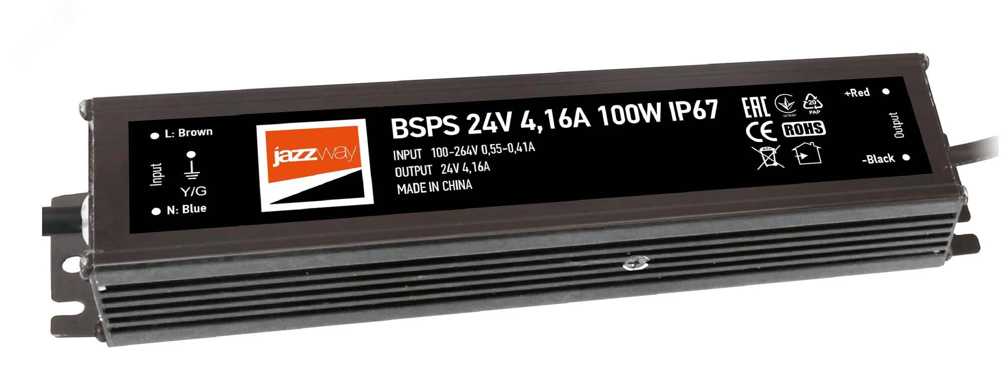 Изображение товара Драйвер для светодиодный ленты BSPS 24V 4,16A=100W IP67 Jazzway (шт)