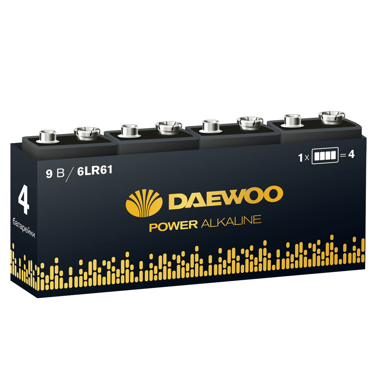 Элемент питания  6F22 9V DAEWOO солевая Power Alkaline,  упаковка 4 шт.