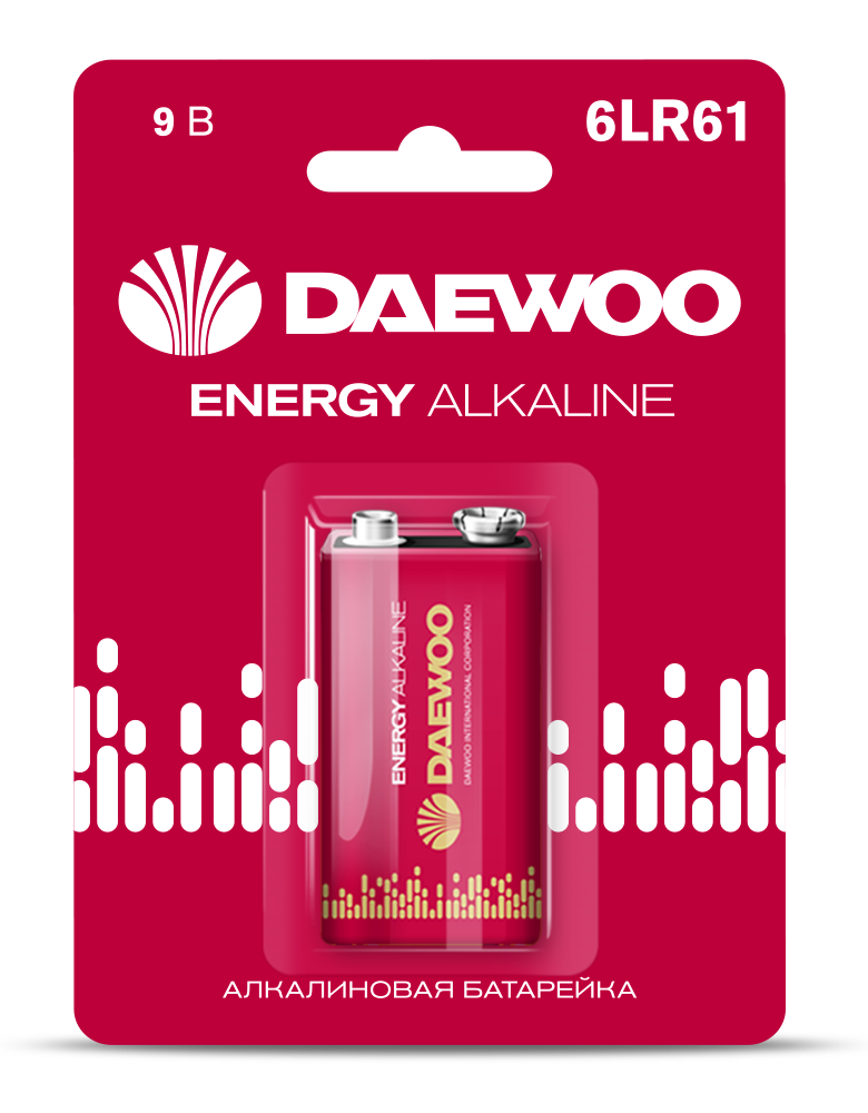 Элемент питания 6F22 9V DAEWOO солевая Energy Alkaline блистер, 1 шт.