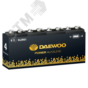Элемент питания  6F22 9V DAEWOO солевая Power Alkaline,  упаковка 4 шт. - фото 1