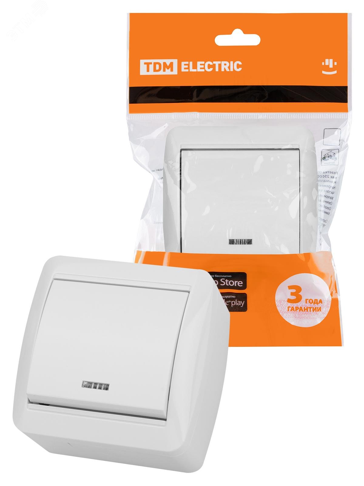 Изображение товара Выключатель одноклавишный открытой установки с подсветкой IP44 10А белый ''Селигер'' (шт)