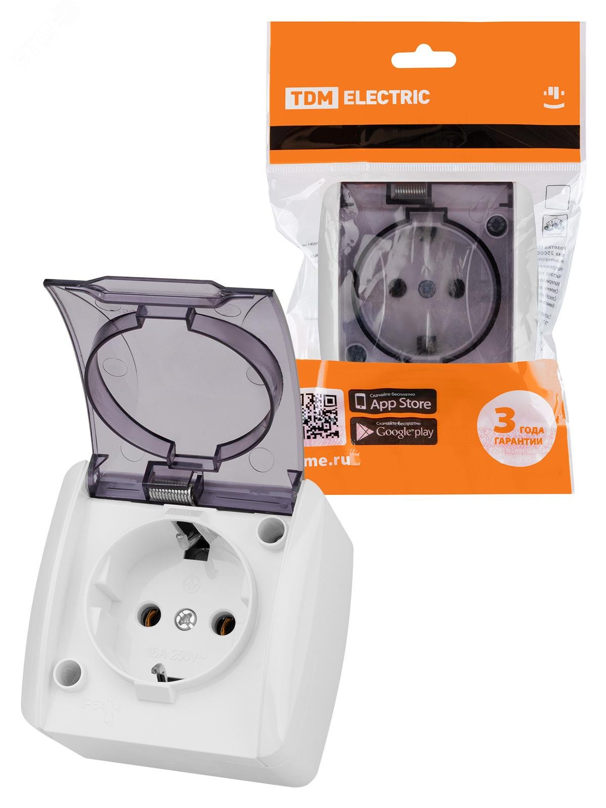 Изображение товара Розетка 2П+3 открытой установки IP54 16А с прозрачной крышкой белая Селигер TDM