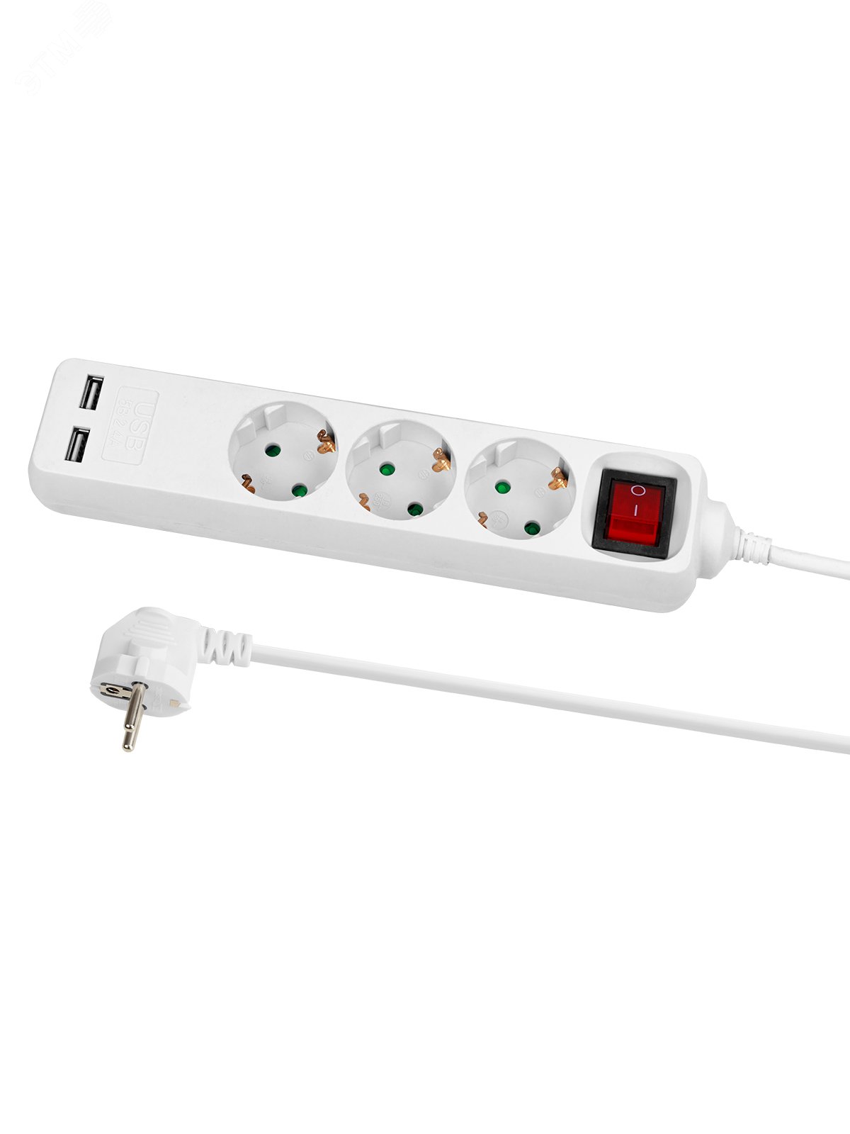 Изображение товара Удлинитель бытовой У03В-USB 3 гнезда, 2USB 2,4А, 3 м, вык., з/к, ПВС 3х0,75мм2 10А/250В белый TDM (шт)