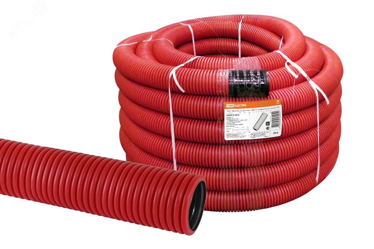 Изображение товара Гофрированная двустенная ПНД труба d 75 с зондом TDM IP65 20 м красная