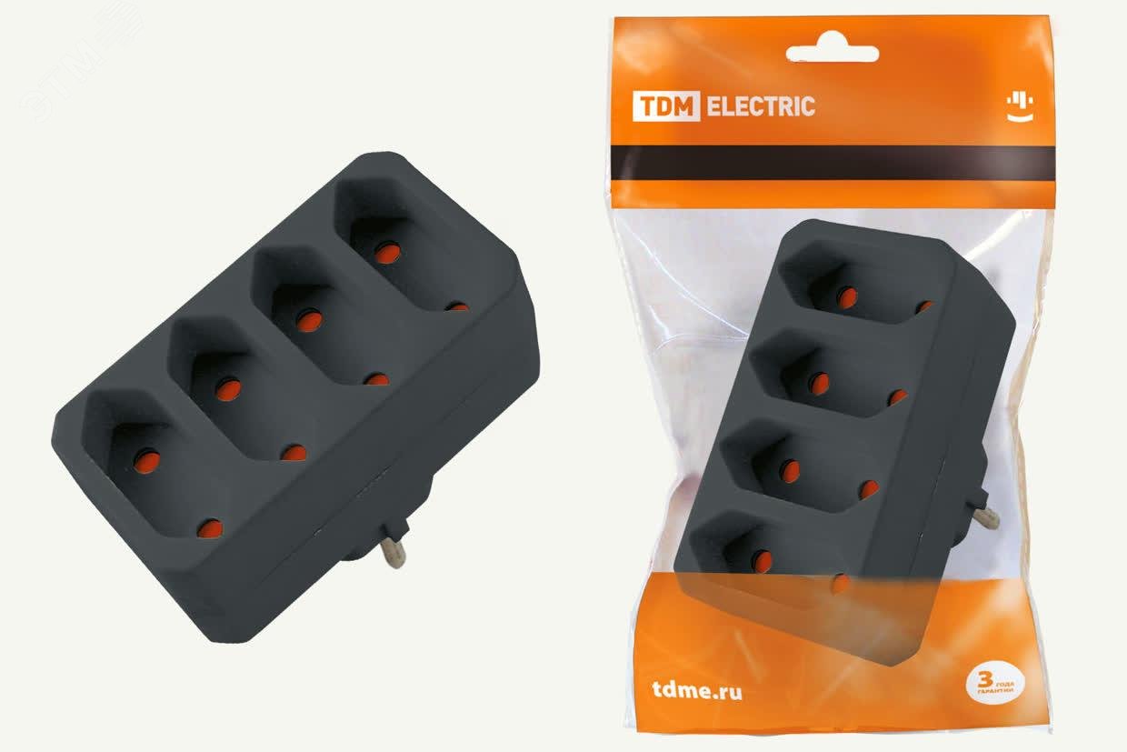 Изображение товара Разветвитель TDM ELECTRIC 4 гнезда 2,5 А 250 В черный для плоской вилки