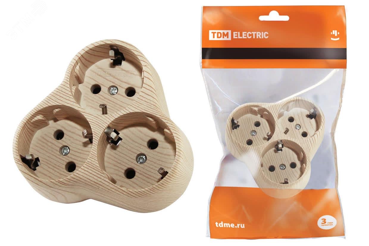 Изображение товара Разветвитель электрический на 3 гнезда с заземлением TDM ELECTRIC цвет сосна