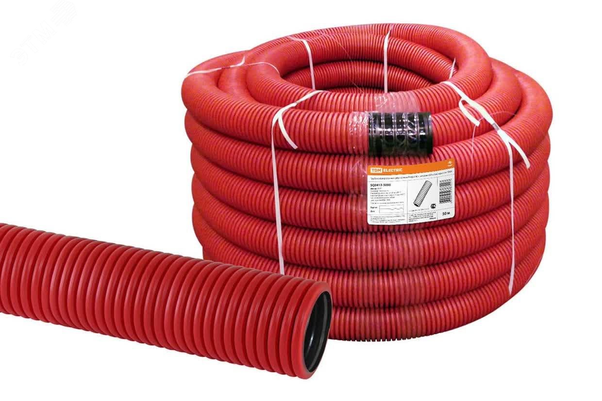 Изображение товара Гофрированная труба ПНД двустенная d 90 с зондом 50 м красная TDM