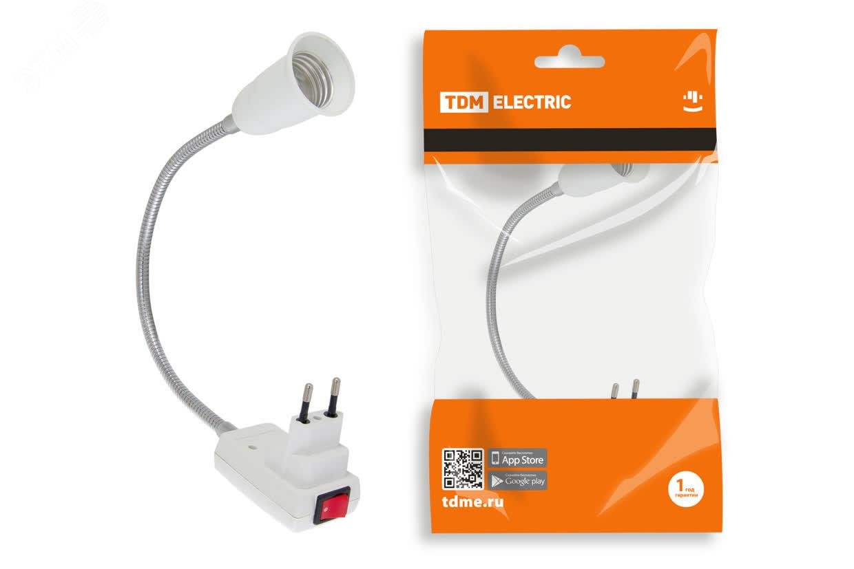 Изображение товара Переходник вилка Е27 гибкий 300мм с выключателем белый