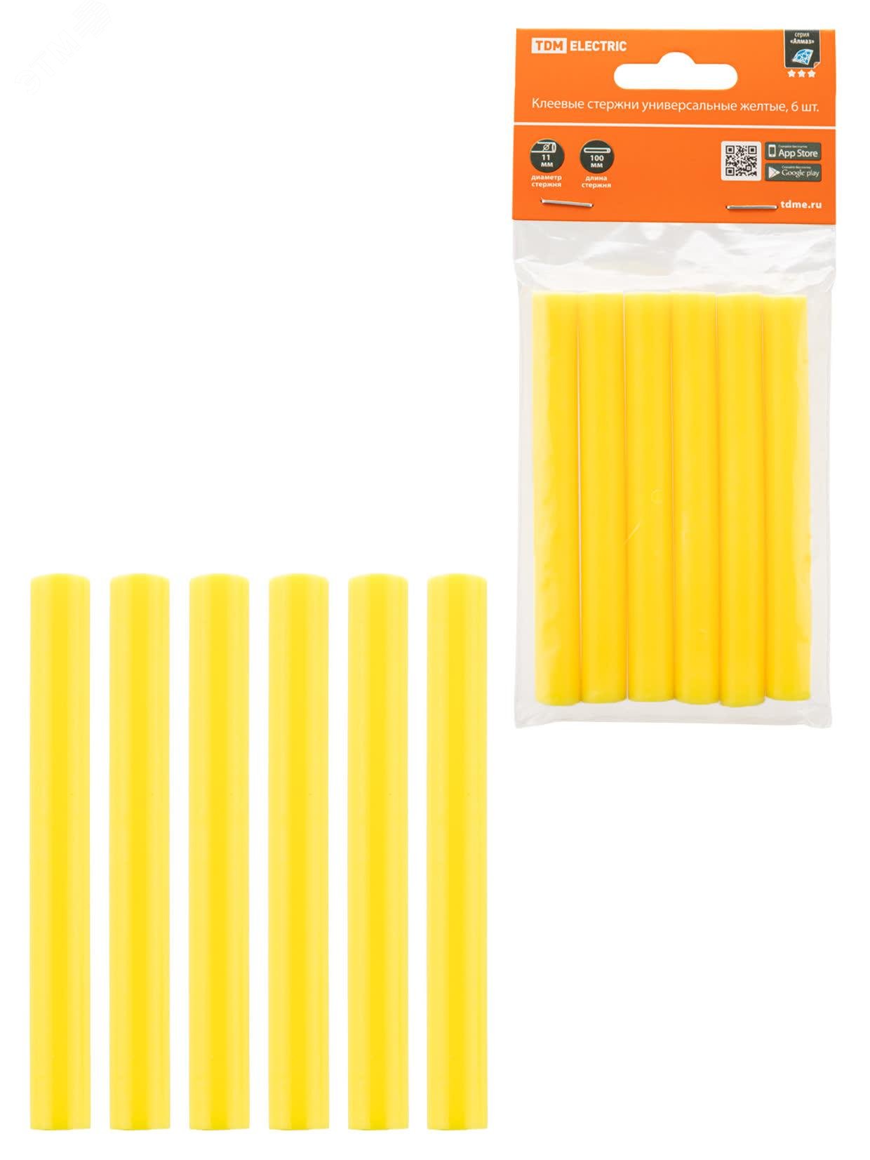 Изображение товара Стержни клеевые универсальные желтые, 11 мм x 100 мм, 6 шт, ''Алмаз'' (упак)
