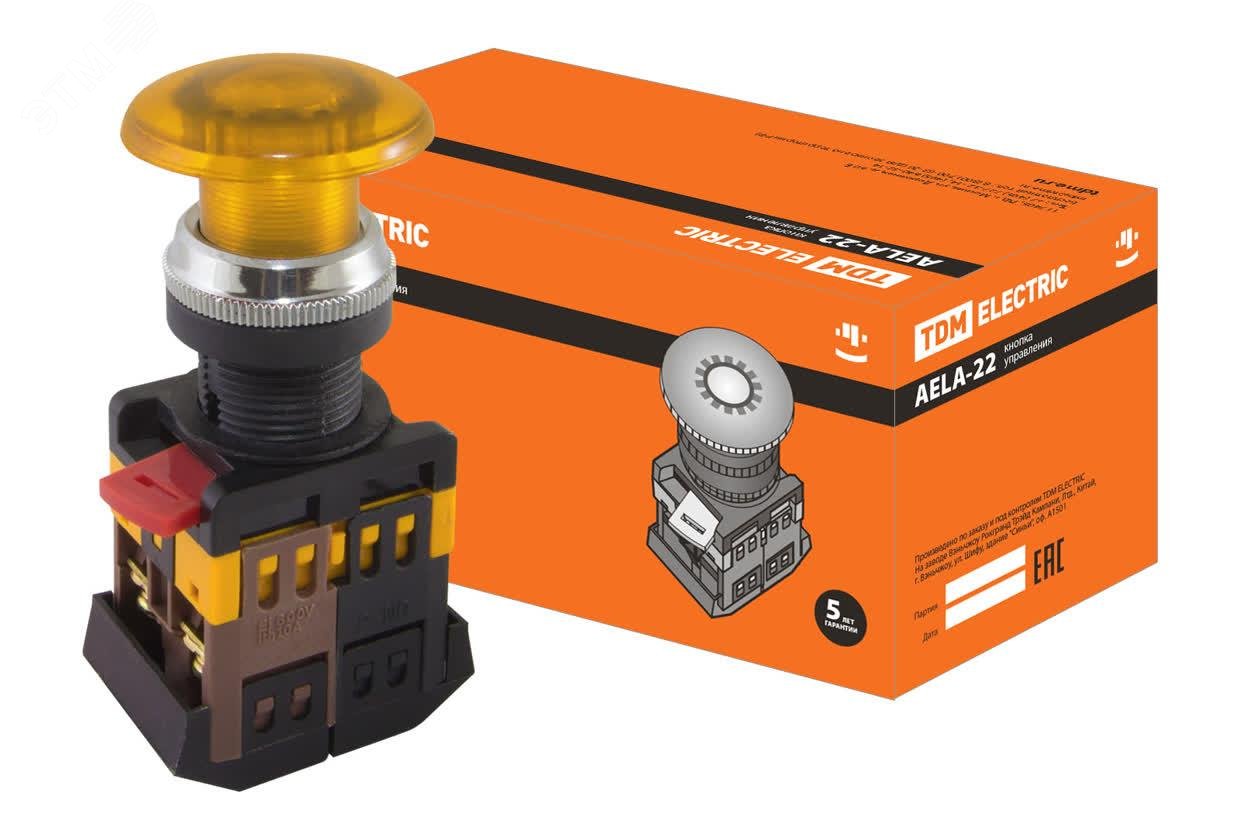 Изображение товара Кнопка AELA-22 ''Грибок'' желтый d22мм неон/230В 1з+1р (шт)