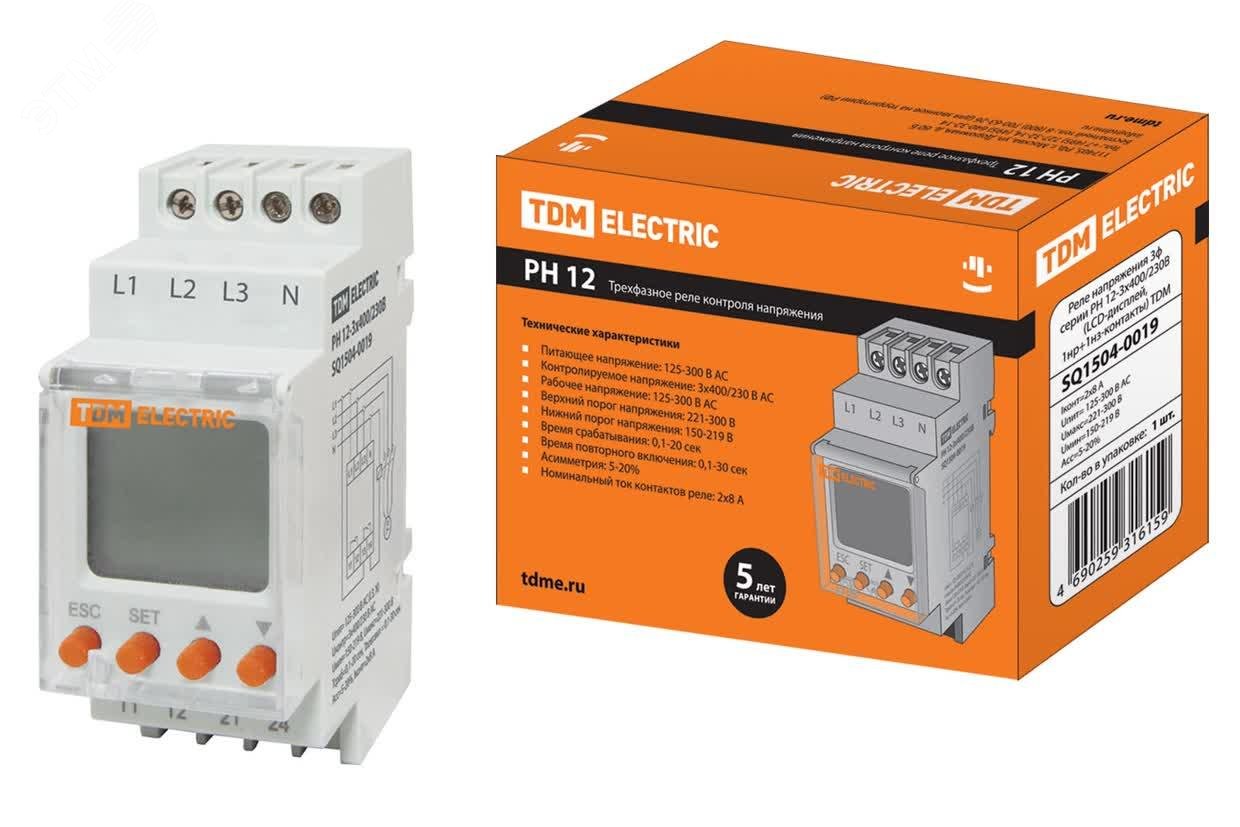 Изображение товара Реле напряжения 3ф серии РН 12-3х400/230В (LCD-дисплей, 1нр+1нз-контакты) TDM (шт)