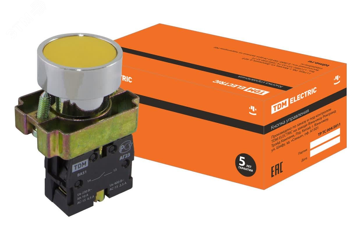 Изображение товара Кнопка SB2-BА51 с возвратом, 1НО, d22 мм, желтая, IP40 TDM (упак)