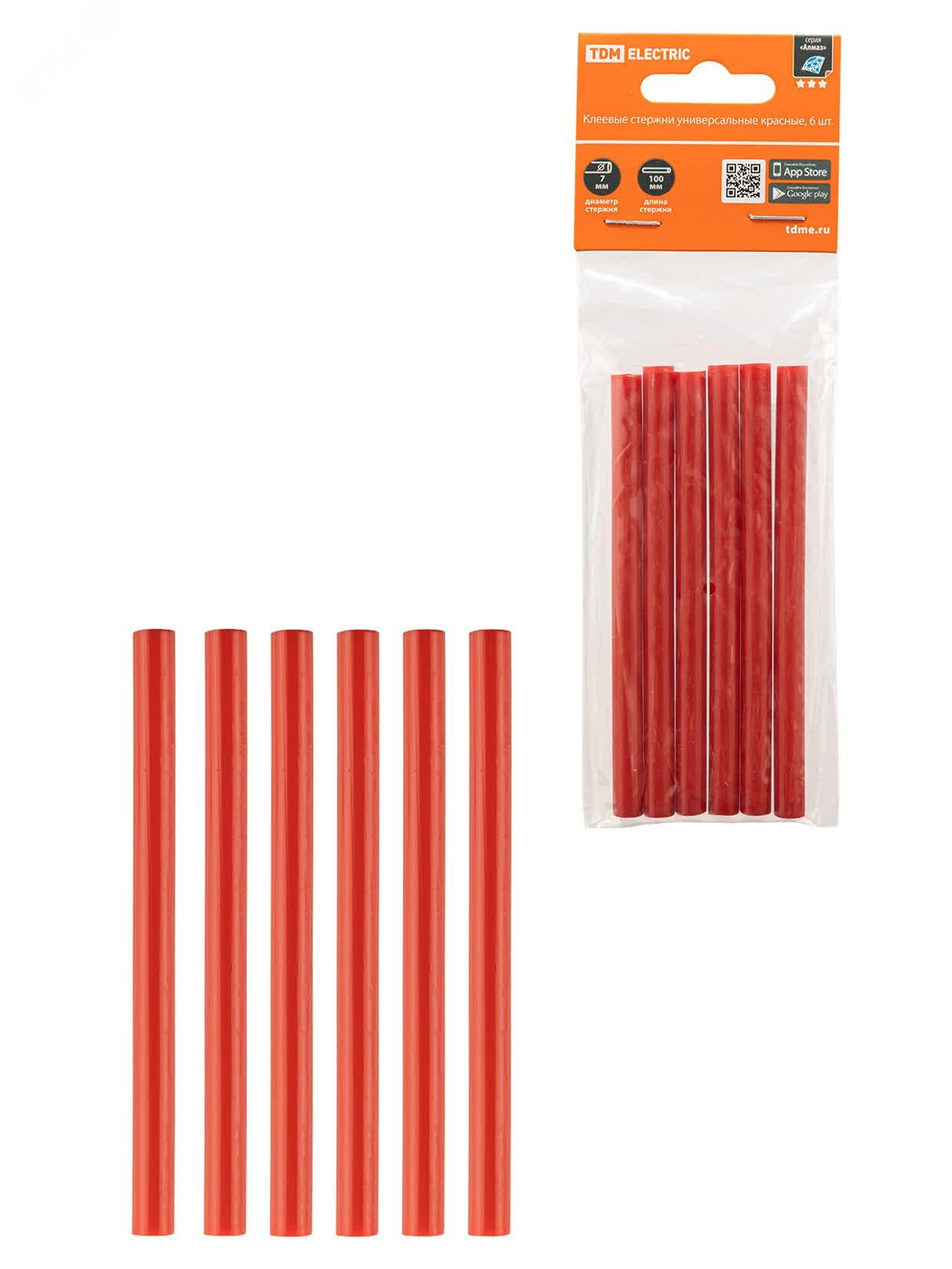 Изображение товара Универсальные клеевые стержни Алмаз 7 мм x 100 мм, красные, упаковка 6 шт
