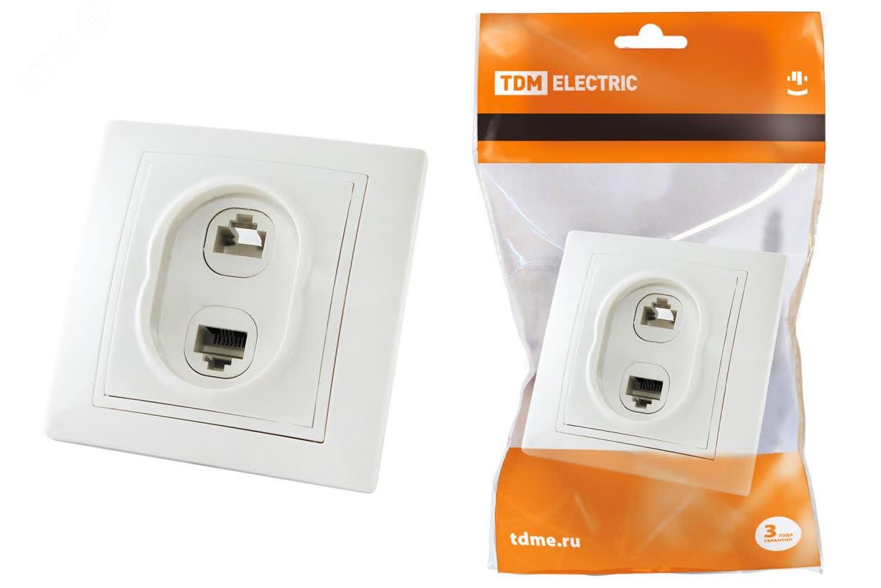 Изображение товара Розетка телефонная RJ11 + компьютерная RJ45 белая Таймыр TDM (шт)