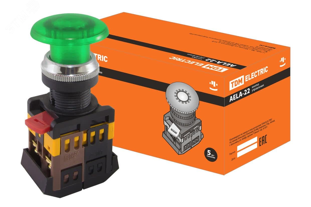 Изображение товара Кнопка AELA-22 ''Грибок'' зеленый d22мм неон/230В 1з+1р (шт)