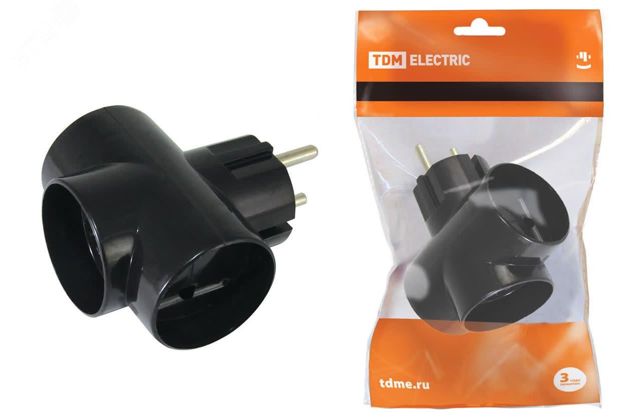 Изображение товара Тройник 3х2П 16А 250V SQ1806-0042 черный TDM ELECTRIC