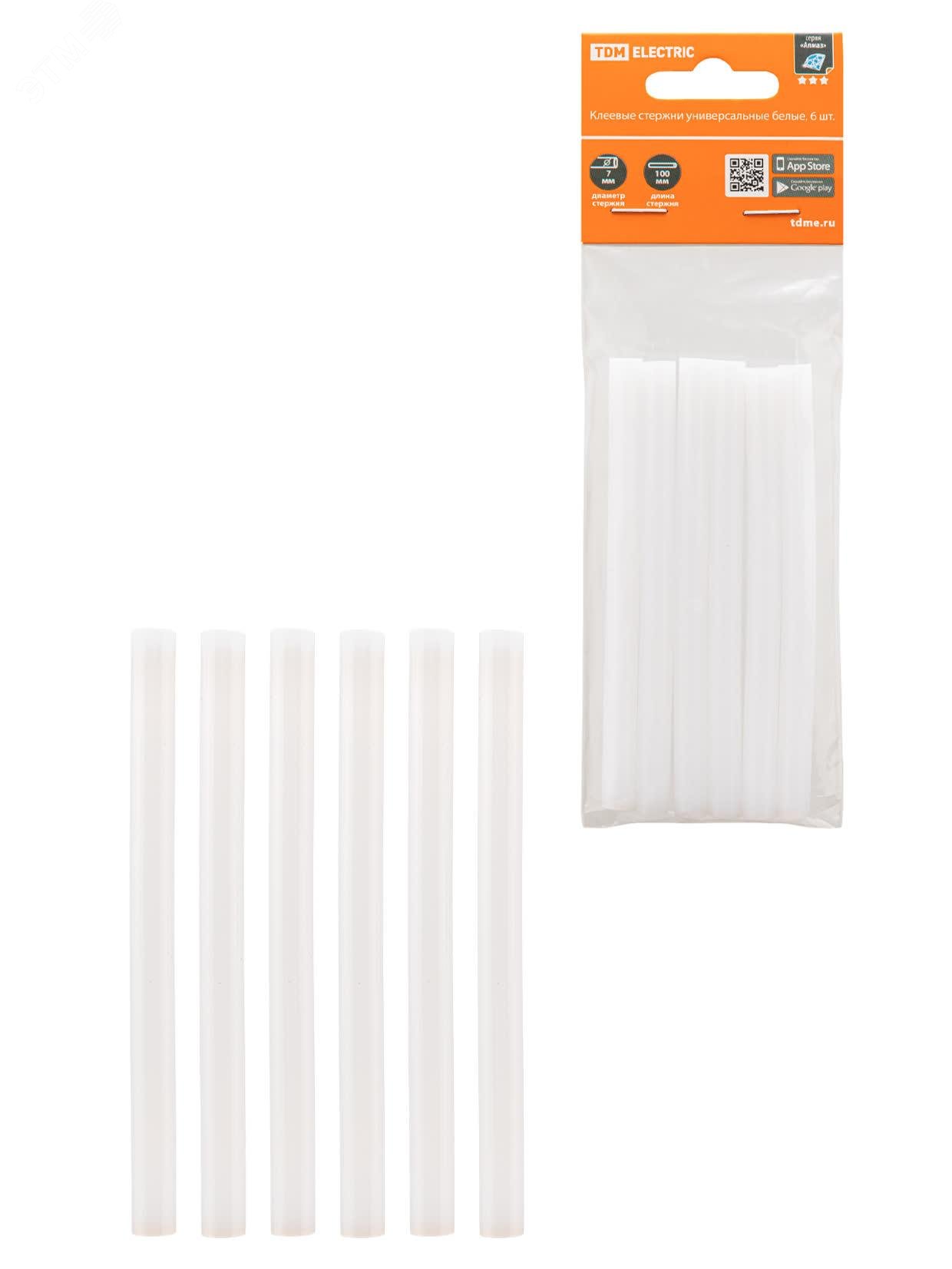 Изображение товара Стержни клеевые универсальные белые 7 мм x 100 мм, 6 шт, Алмаз