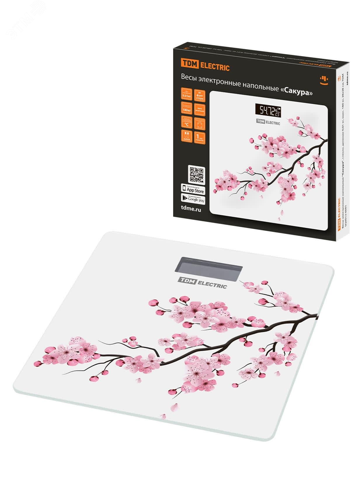 Изображение товара "Весы электронные напольные ""Сакура"", стекло, деление 0,01 кг, макс. 180 кг, 28х28 см" (шт)