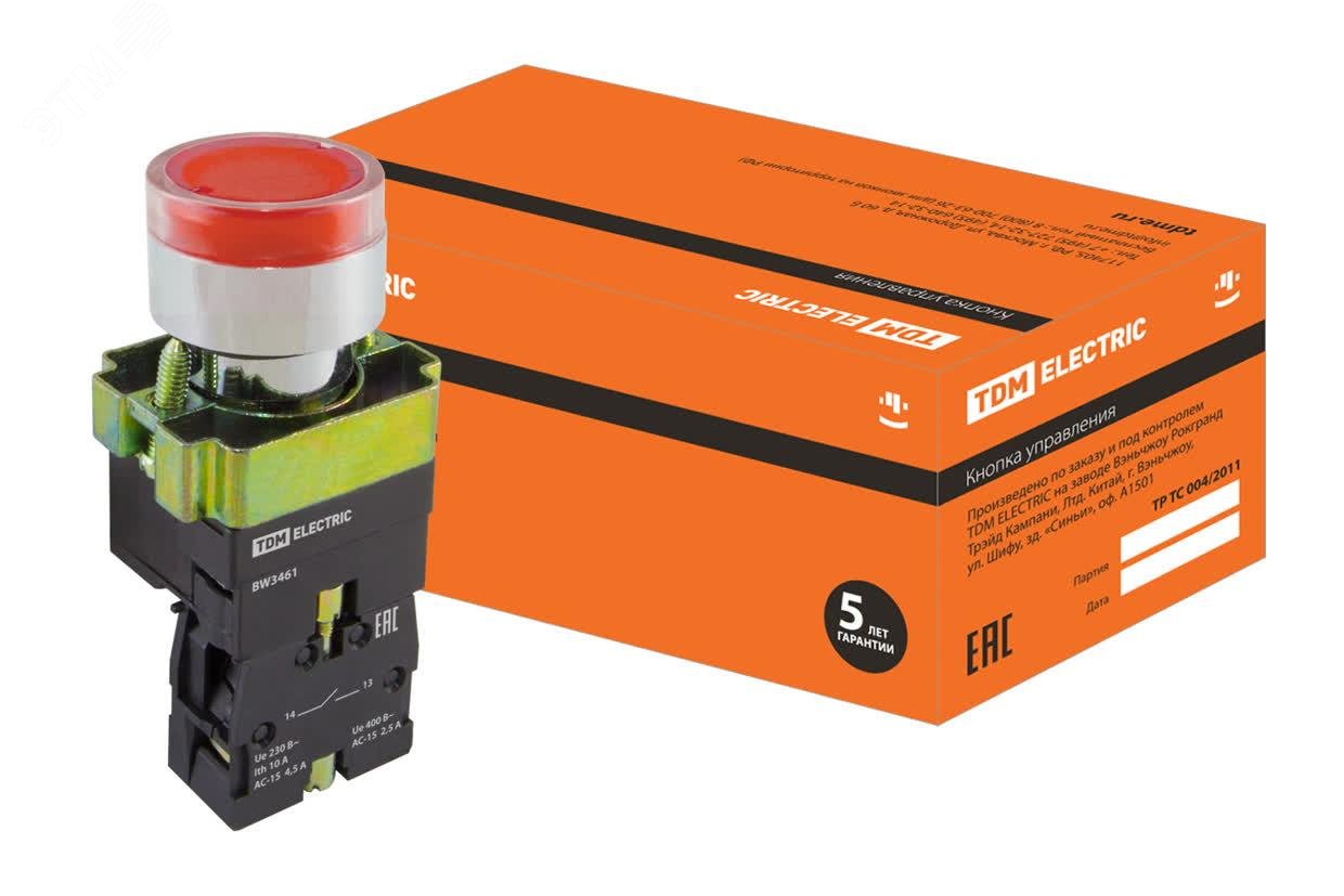 Изображение товара Кнопка SB2-BW3461 с возвратом, 1НО, d22 мм, с подсветкой 230 В LED, красная, IP40 TDM (упак)