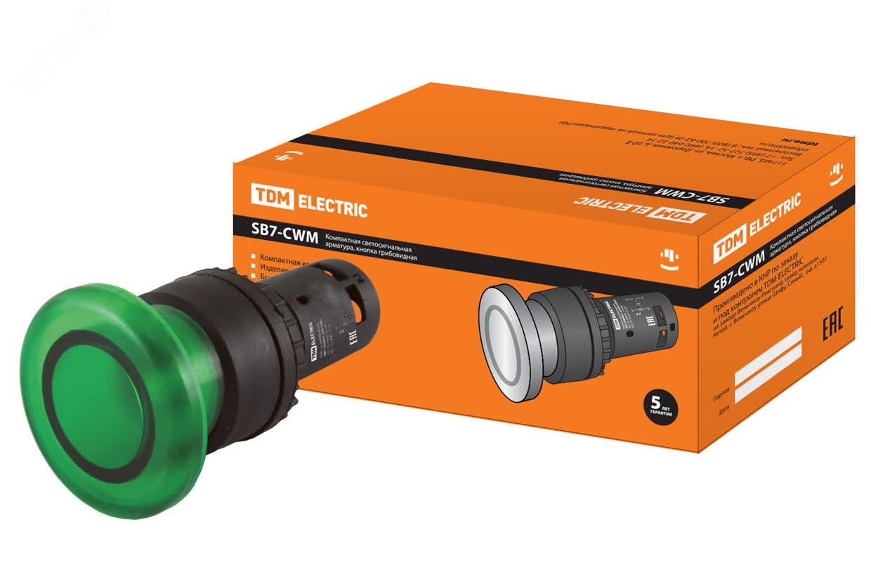 Изображение товара Кнопка грибовидная SB7-CWM31-24V(LED) d35мм 1з зеленая (шт)